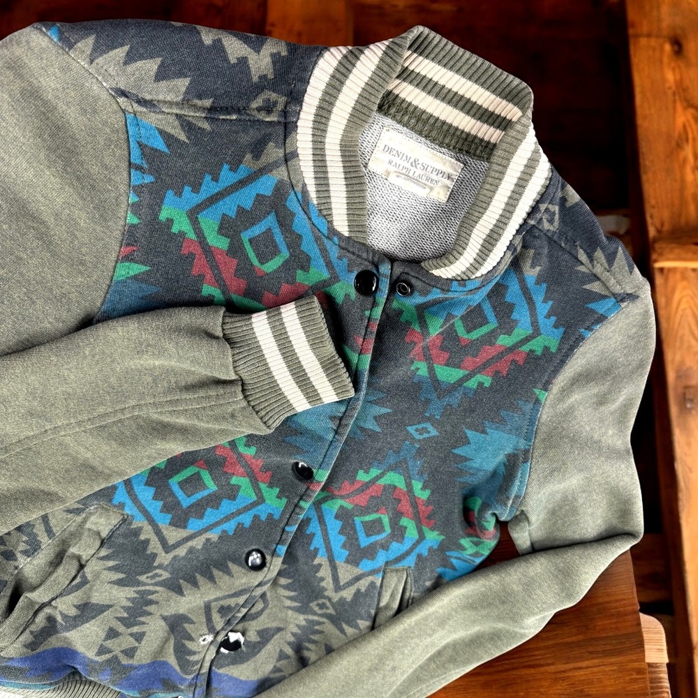 VTG‎ Denim Supply Ralph Lauren Aztec Print Bomber Jacket XS Geometric *READ